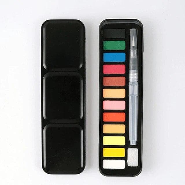 Multicolor Solid Watercolor Paint Set Portable Metal Box With Water Color Brush School Kids Professional Art Supplies
