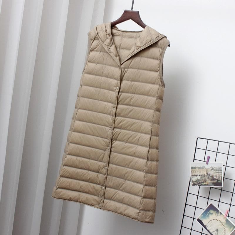 Women Ultra Light Down Long Vest with Hood Casual Slim Waistcoat Duck Down Gilet Fashion XL khaki