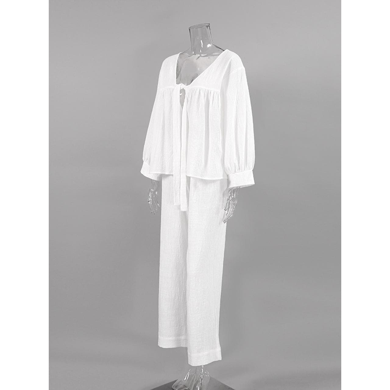 Cotton 2 Piece Sets Women's Nightwear Three Quarter Sleeve V Neck Lace Up Pajamas Loose Trouser Suits Female Sleepwear M white