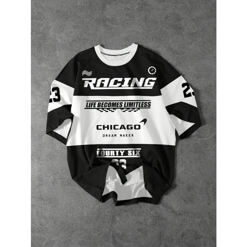 Men's Racing Theme Plaid Flag Pattern Letter Print T-shirt,Round Neck Short-sleeved T-shirt,Summer Outdoor Fashion L
