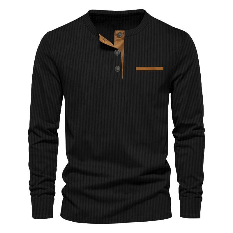 Spring new casual men's corduroy Henley shirt men's long-sleeved Slim T-shirt M black