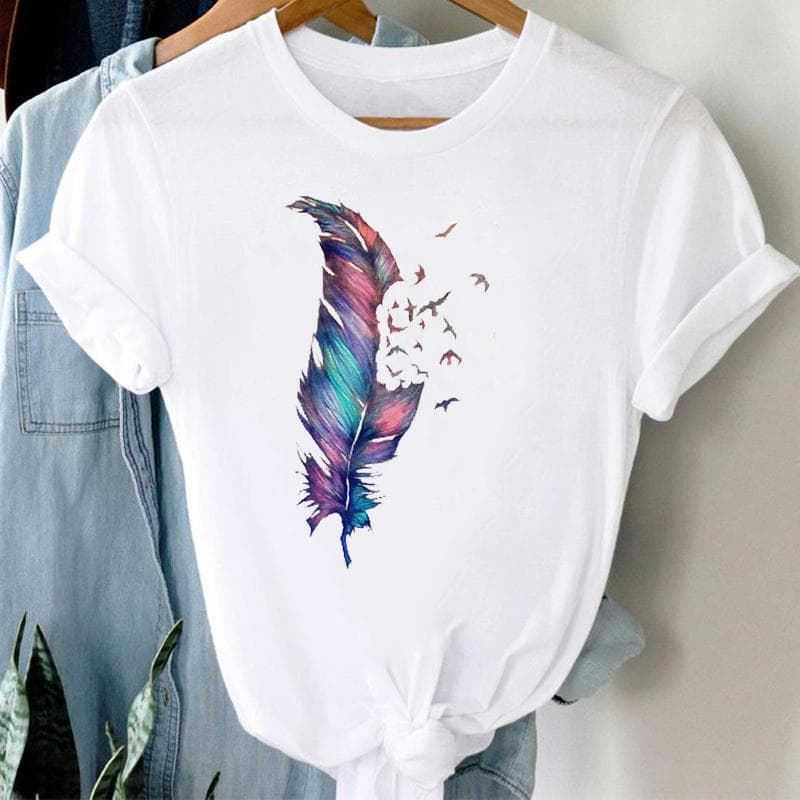 (Asian Size) Watercolor Feather Vintage Bird Women Print Short Sleeve Tee Top Fashion Tshirt Clothing Casual Summer Lady Female Graphic T-shirt S