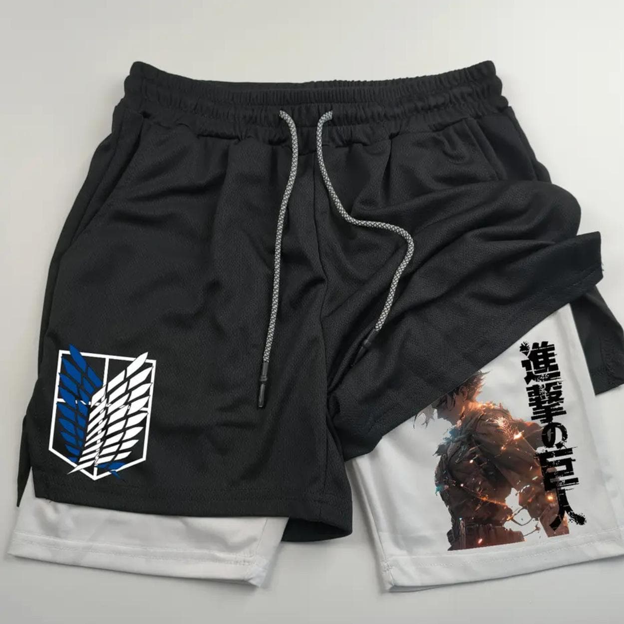 Anime Attack on Giant Print Men's Two-in-One Double-Level Sports Fitness Casual Shorts L