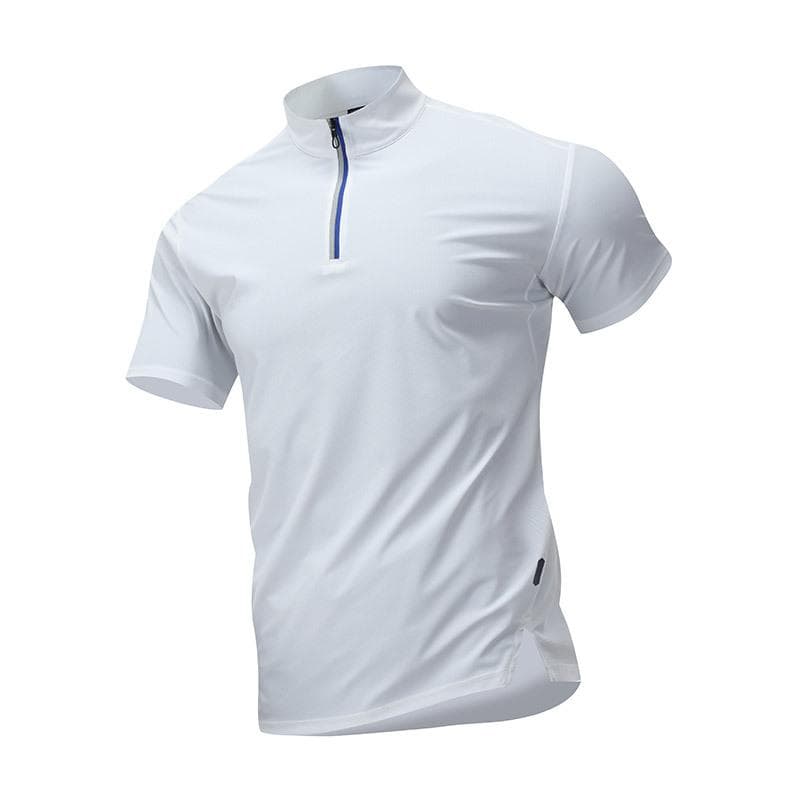 Zipper T-shirt Men's Short Sleeved Ice Silk Quick Drying Clothes Running Fitness Stretch Breathable Casual Sports Stand Up Collar T-shirt L white