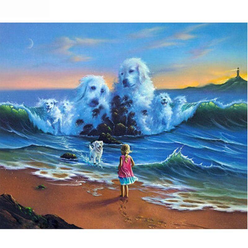 Diy Diamond Painting Cartoon Animal Beach Dog Cross Stitch Landscape Diamond Embroidery Home Crafts 20X30CM