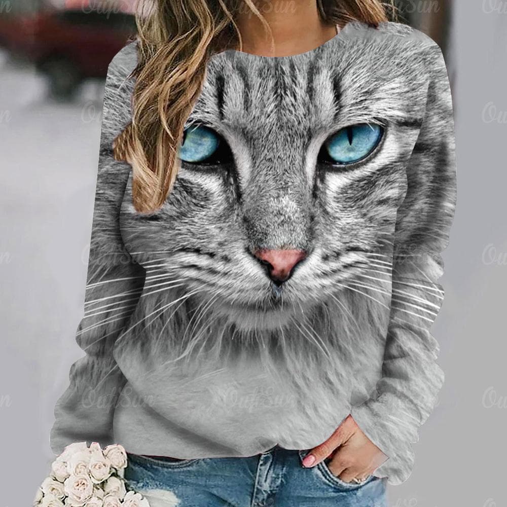 Women Long Sleeve T Shirt Kawaii Cat Graphic 3d Print Tees Harajuku Casual Tops Autumn O Neck Pullover Female Loose Clothing S
