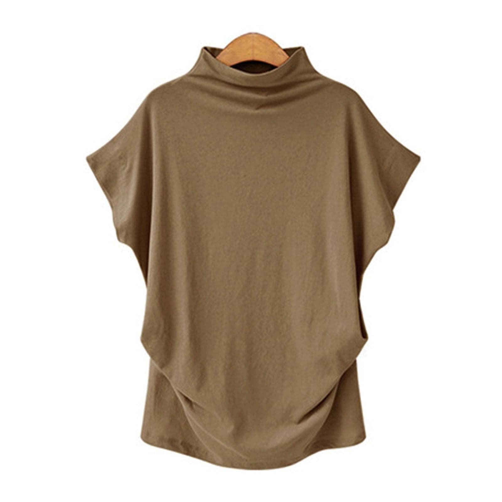 Women's Turtleneck Top Crewneck Short Sleeve T-shirt L camel