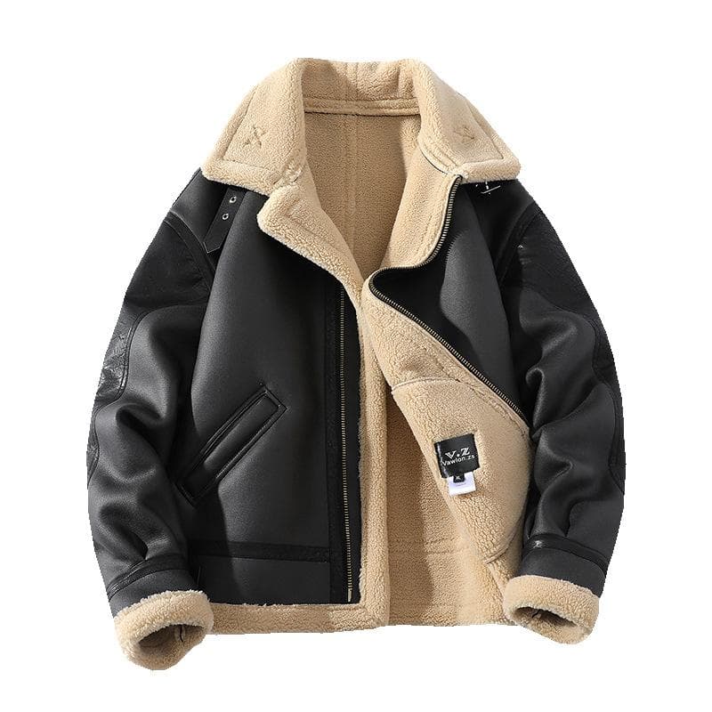 Men's Large Size Padded Thickened Fur One Lapel Jacket Jacket Fashion Leather Splicing Jacket XL black