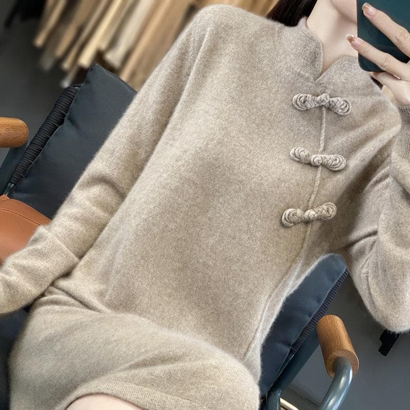 Long Wool Dress for Women with Buckle Stand Collar In Autumn and Winter New Skin-friendly and Warm Retro Versatile Cashmere Knitted Skirt XXL