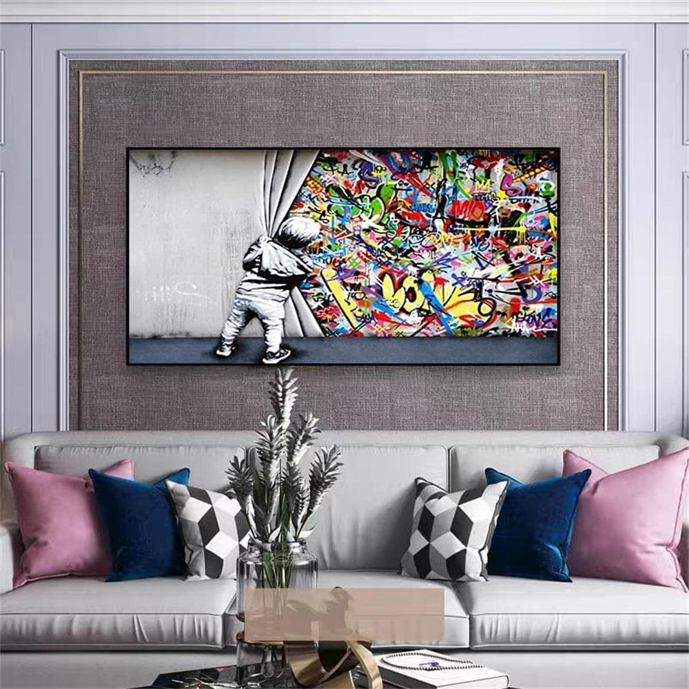 Street Art Banksy Graffiti Wall Art Behind the Curtain Canvas Paintings Posters and Prints Pictures for Living Room Home Decor No Frame 60*120cm