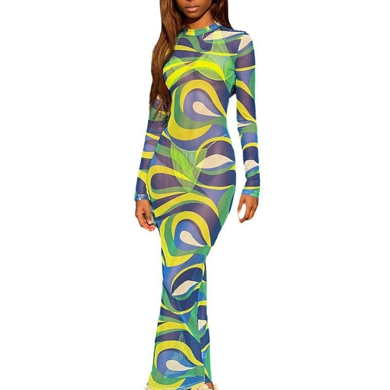 Women's Autumn New Casual Mesh Printed Long-sleeved Round Neck Slim Fit Basic Dress M green