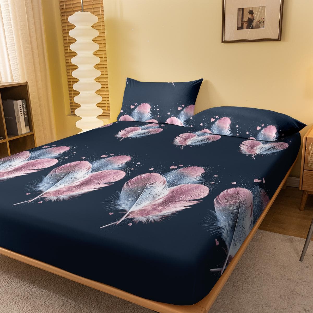 1 Simple Modern Feather Diamond Printed Matte Fitted Sheet, Bedroom Printed Bed Cover, Bedding(Excluding Pillowcases) 100x200cm
