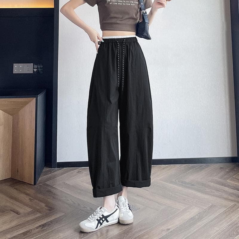 Summer New Quick-drying Air-feeling Balloon Pants Nine-point Pants Women's Elastic Waist Loose Profile Scimitar Casual Pants 2XL black
