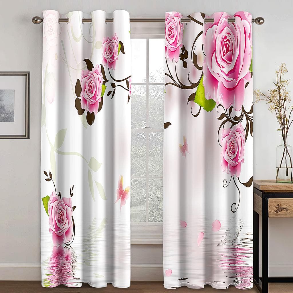 3D Rose Romantic Surface of the Water Printed Curtains Pattern For Living Room Bedroom Red and White Cortinas Hotel Drapes 100W160H(CM)40x63in&Grommet Top