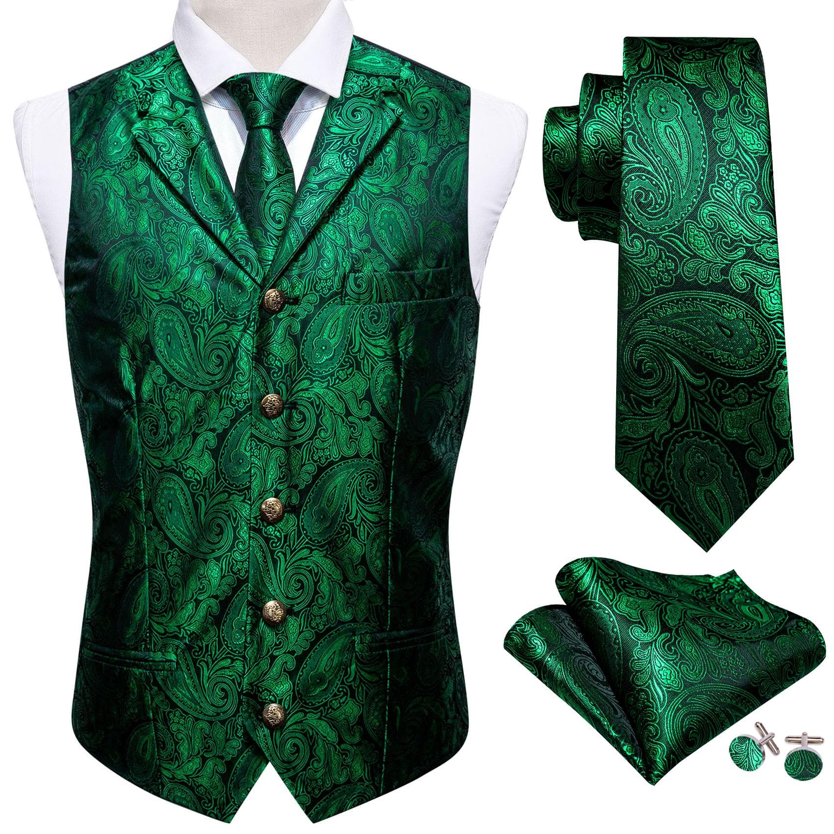 Barry.Wang Mens Waistcoat Vest Tie Hankerchief Cufflinks Dark Red Paisley Collar Copper Buckle Jacquard Woven Silk Wedding Dating Party Set XL