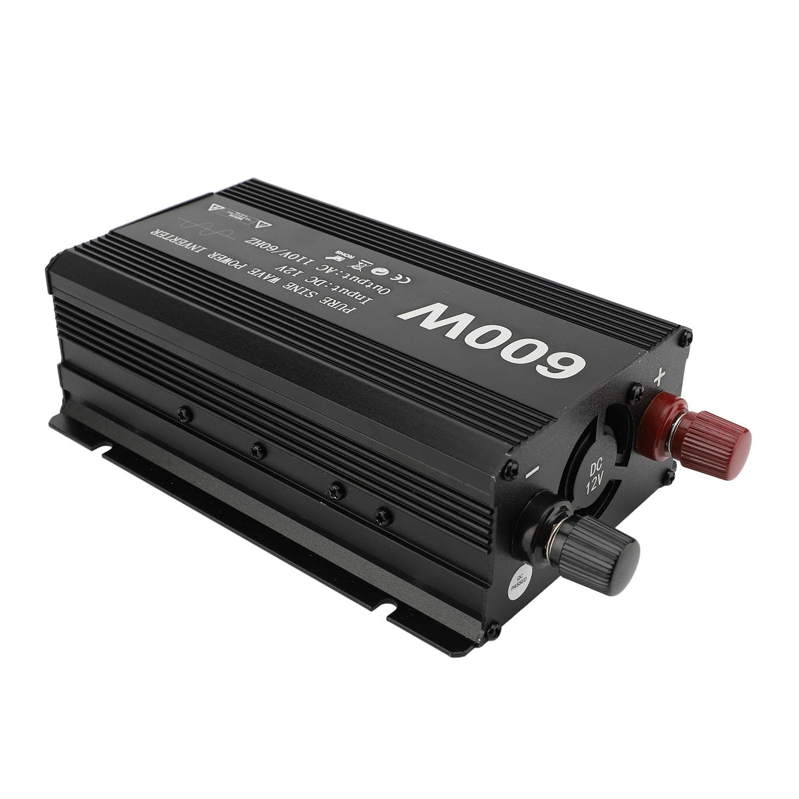 600W Power Inverter Pure Sine Wave Portable DC to AC Converter for Car Use 12V Input Aluminum Alloy black
