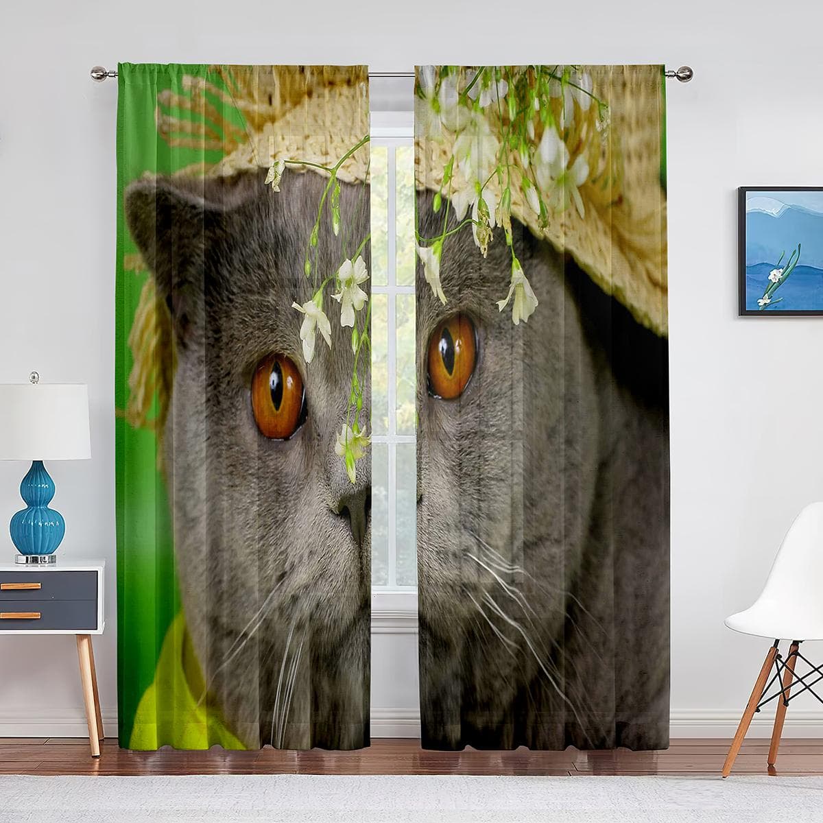 Cat Print Kitten Kitty Face Look Closeup Sheer Voile Curtain for Living Room Bedroom Decor Animal Window Chiffon Tulle Curtains 1 PCS W100XH250cm&Grommet Top