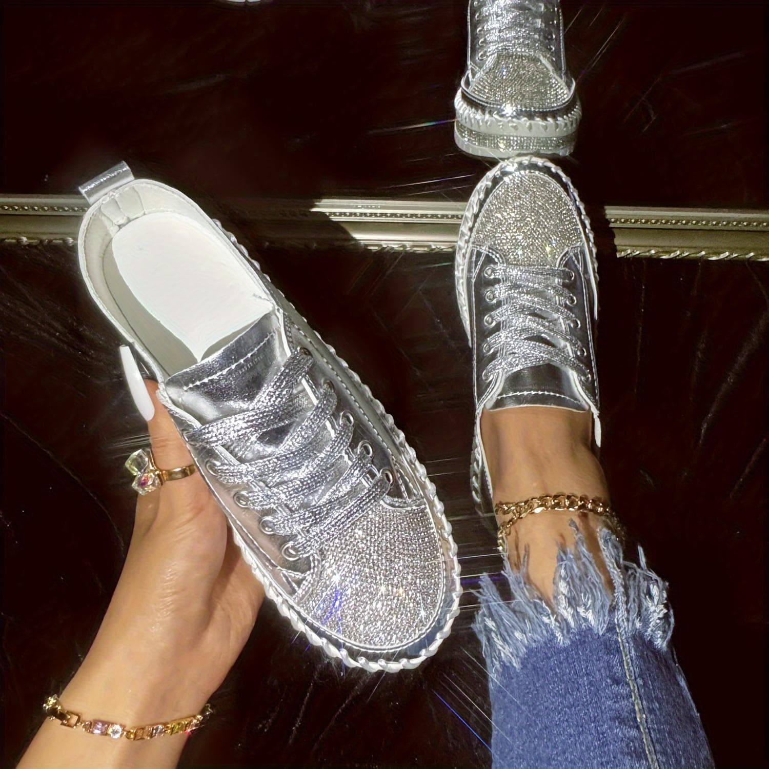 Women's Rhinestone Flat Sneakers - Stylish Lace Up Low Top Shoes for Outdoor Activities 42 silver