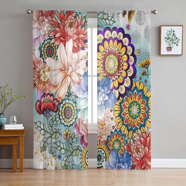 Boho Mandala Datura Buddhism Ethnic Sheer Voile Curtains For Kitchen Living Room Bedroom Decor Tulle Curtains Window Treatment 1 PCS W400XH250cm