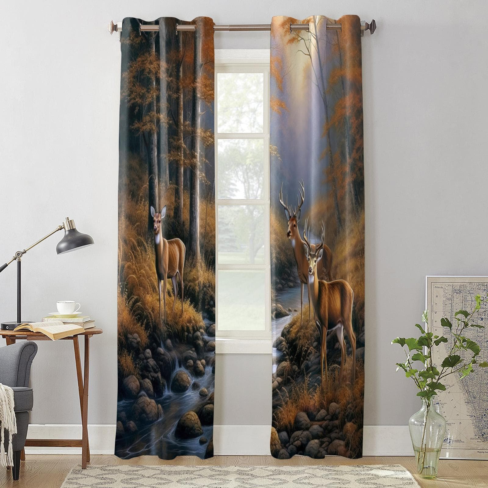 Forest Deer Creek Curtains for Bedroom Living Room Window Curtain Treatments Blinds Kitchen Home Decor Drapes 135W x 60H(cm) x1