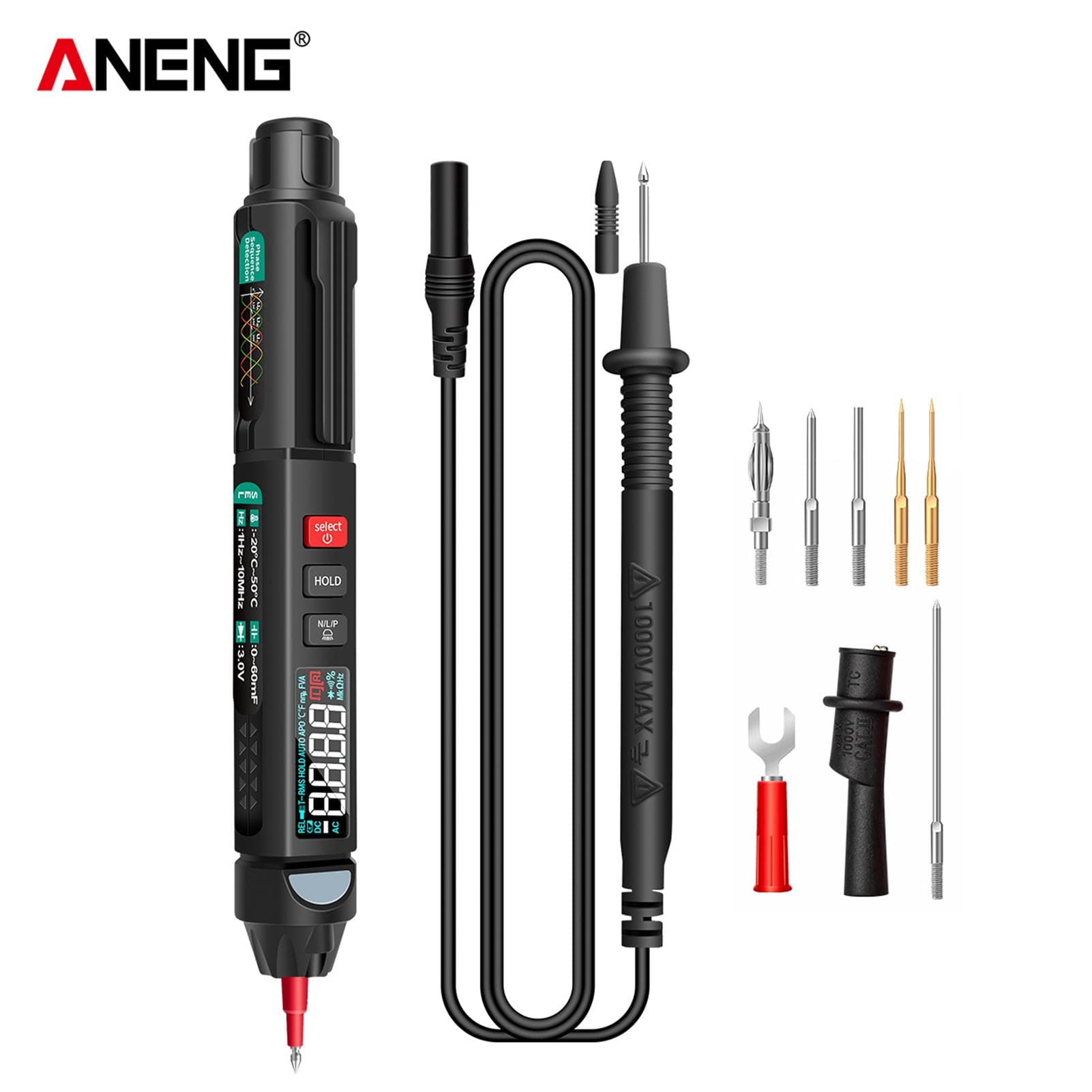ANENG Pen Multimeter 6000 Counts Digital Multimeter Meter Tester with LCD Display Backlight A3008 With Phase Sequence black