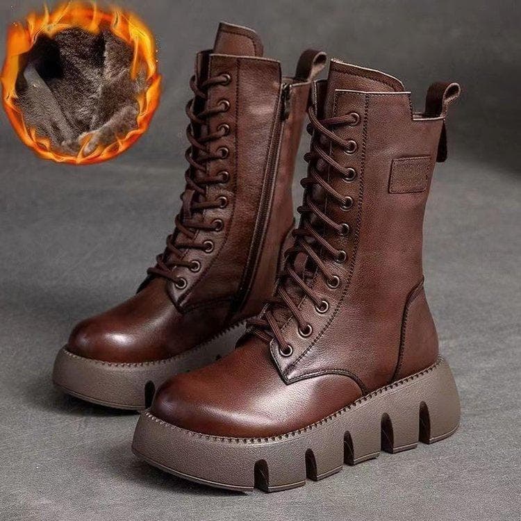 2024 Winter New High Barrel Boots Thick Sole Cowhide Warm Women's Boots Casual Fashion Versatile Lace Up Cotton Boots 40 brown