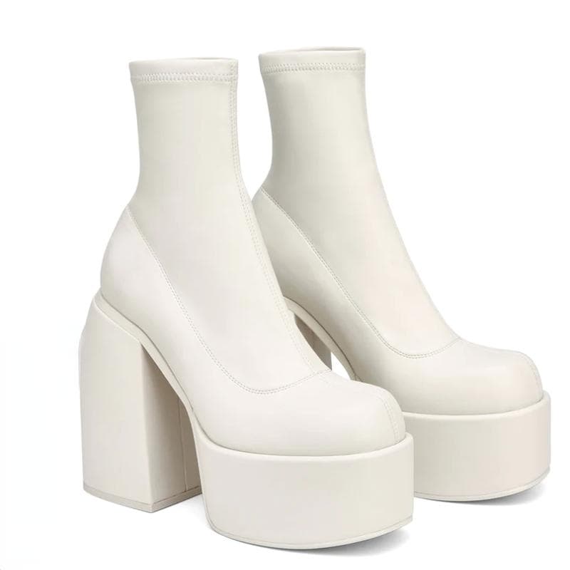 Fashion Modern Boots Women Platform Heels Round Toe Leather Boot Chunky Heels Zipper Designer Block Heel Shoes Fashion Girls Casual Shoe 41 white