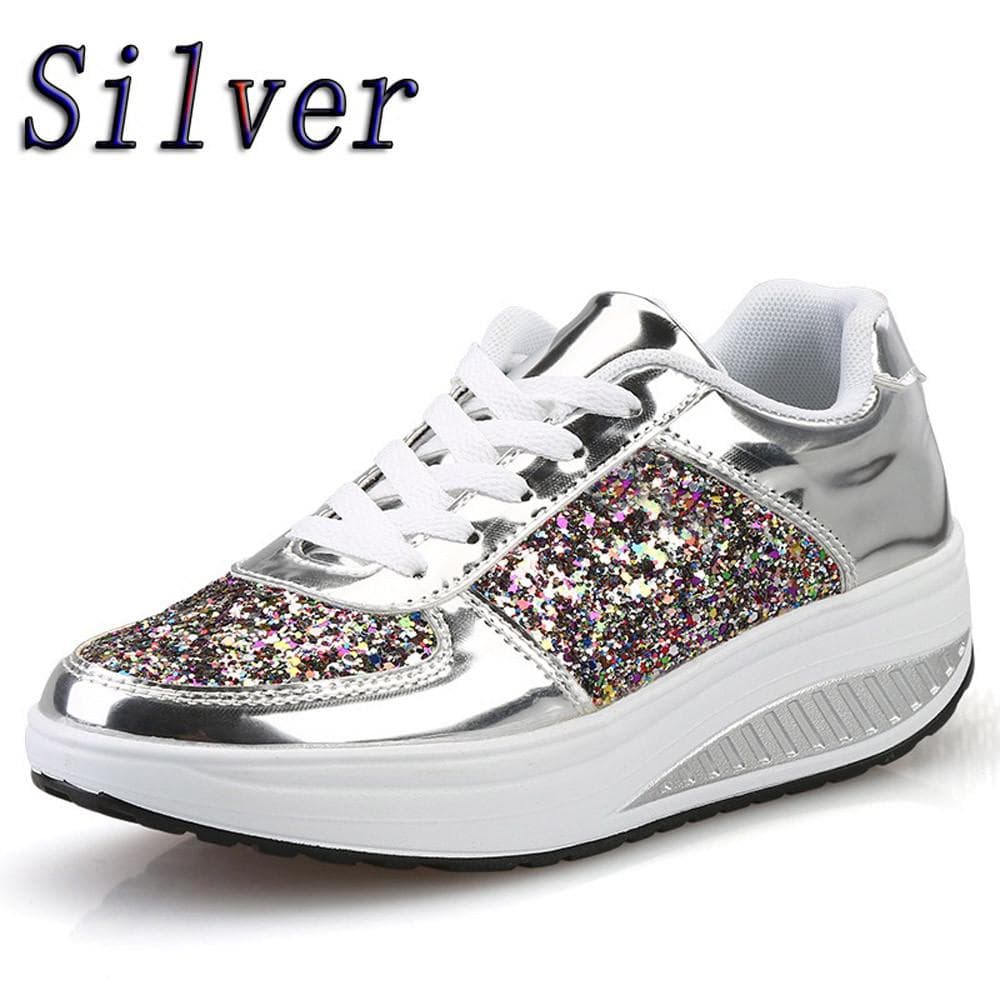 Women's Ladies Wedges Sneakers Sequins Shake Shoes Fashion Girls Sport Shoe 42 silver