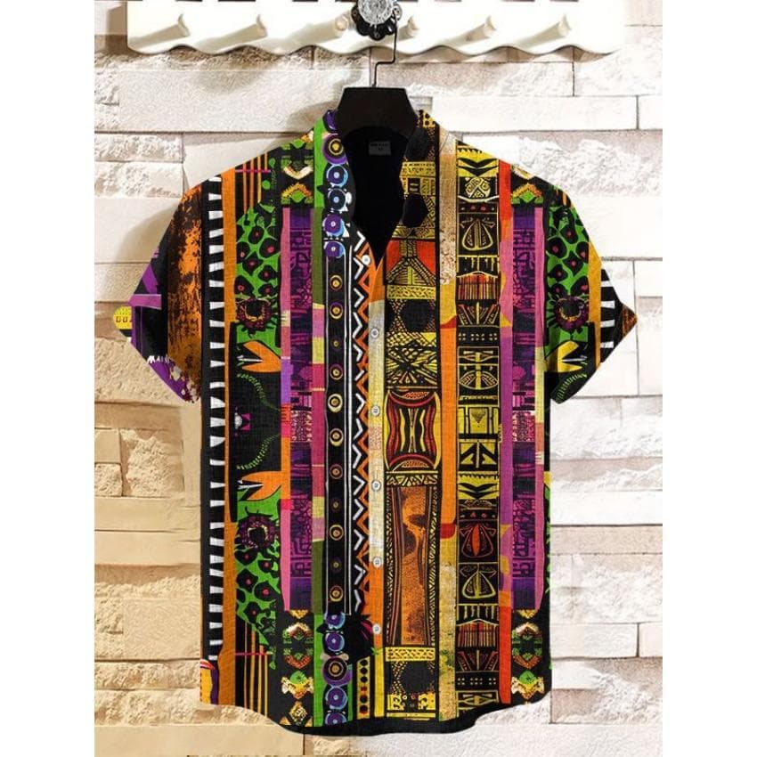 2025 Vintage African Style Men's Retro Ethnic Tribal Short Sleeve Shirts Tops Fashion Casual Vacation Streetwear Men's Shirts M