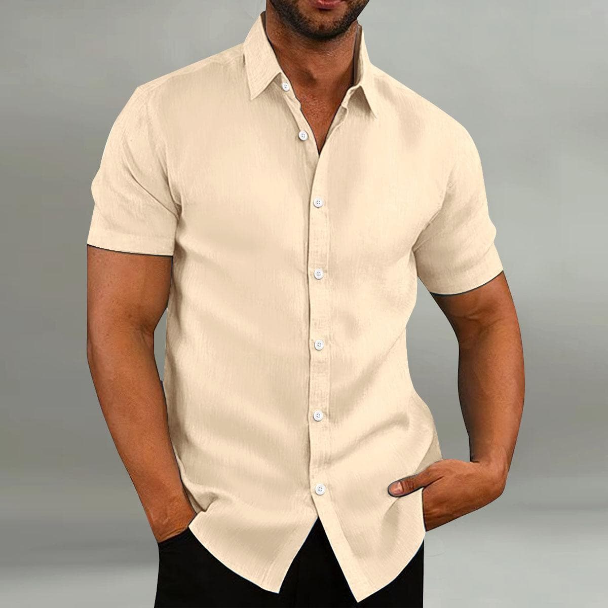 Men's Retro Solid Color Cotton Linen Shirts Casual Summer Loose Short Sleeve Lapel Shirt XL khaki