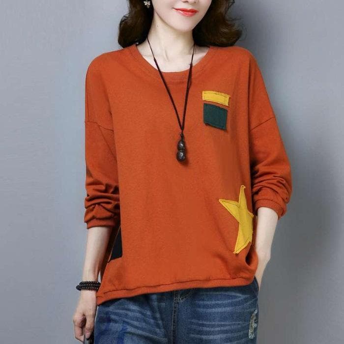 Large Size Women's Clothing Spring and Autumn New Thin Style Collage Long-sleeved T-shirt Women's Base Shirt Women's Korean Version 4XL orange