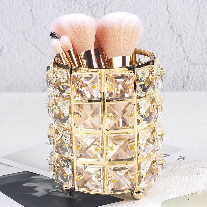 Europe Metal Makeup Brush Storage Tube Eyebrow Pencil Makeup Organizer Bead Crystal Jewelry Storage Box gold