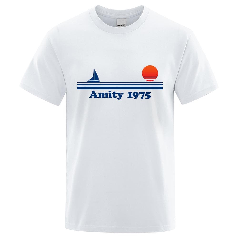 cotton Amity 1975 - Jaws Retro Print Tshirt Men Creativity Sweat Clothing Fashion Tee Clothes T Shirts Breathable Cotton T-Shirts Man M white
