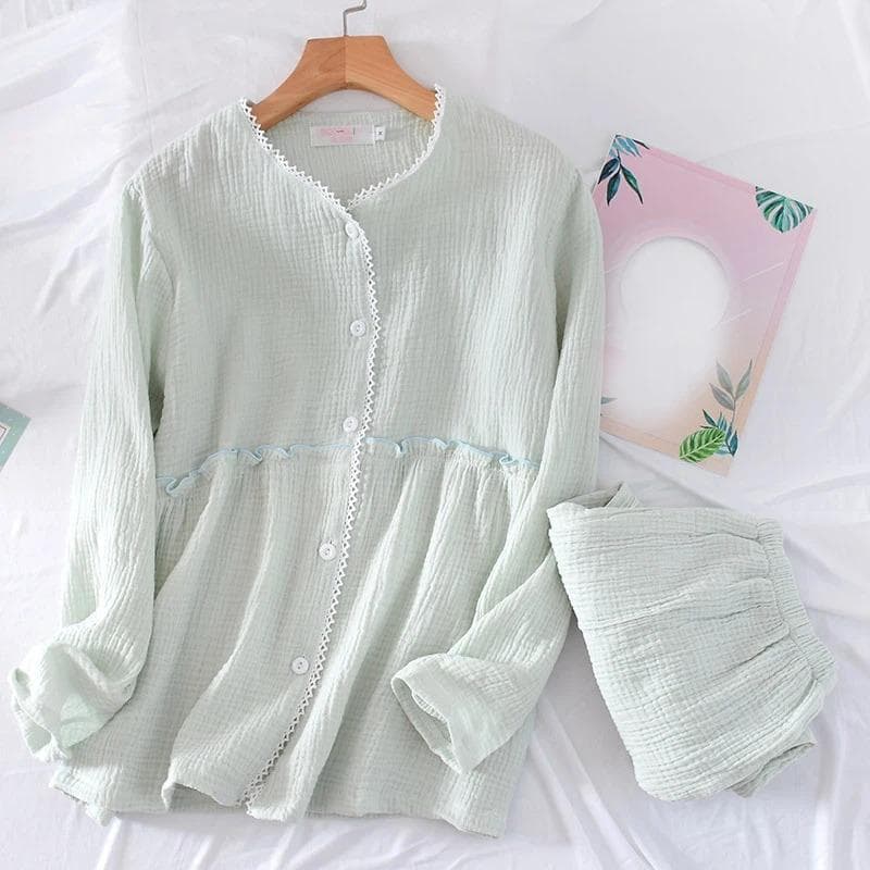New Spring and Autumn Women's Pajamas Set Pure Cotton Crepe Long-sleeved Trousers Home Wear Set Women's Pajamas XL green