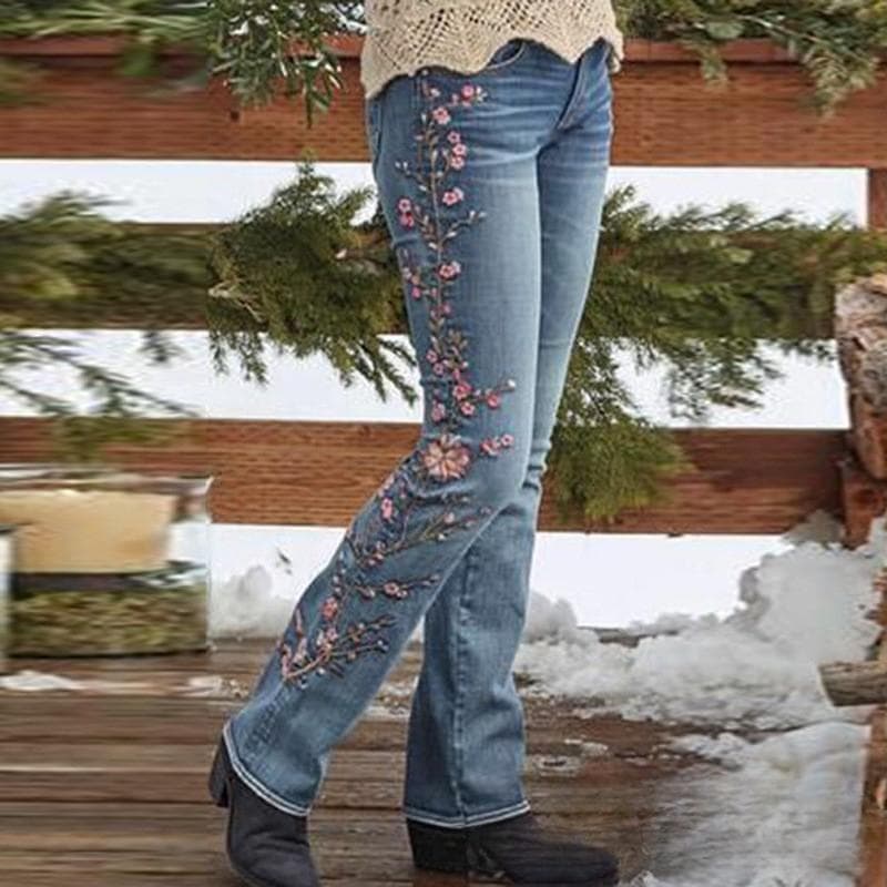 Women's Spring and Autumn Retro High-waisted Thick Jeans Micro-elastic Slim-fit Embroidered Micro-lapped Trousers S blue