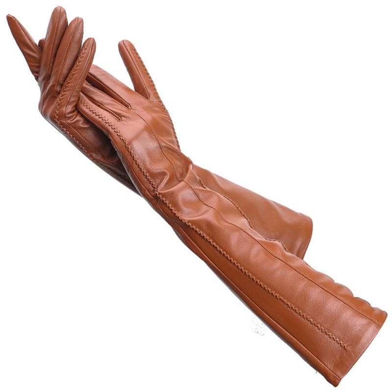 High Quality Ladies color Lambskin Leather Gloves length 47cm Winter Warm Fashion long gloves 6.5 mustard