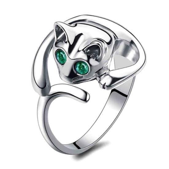 Women's Cute Animal Cat Shape Rhinestone Adjustable Open Finger Ring green