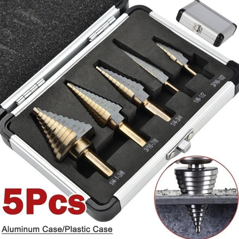 5 Pcs Steel Metric English Step Drill Enlarged Black Yellow Diamond Titanium Plated Aluminum Box Pagoda Drill Bit black/yellow