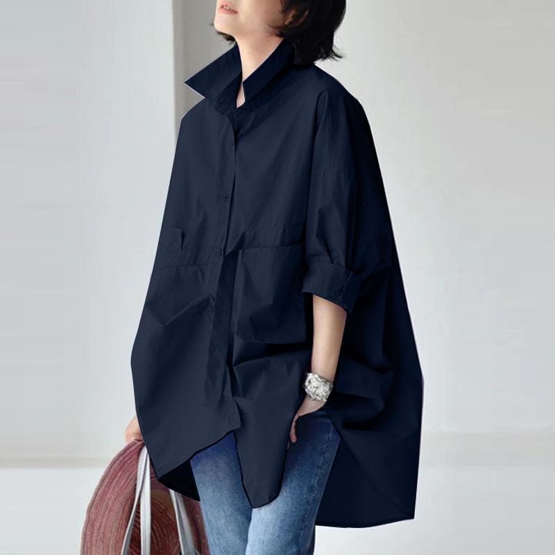 ZANZEA Womens Casual Turn Down Collar 3/4 Sleeve Loose Blouse Shirts 3XL dark blue