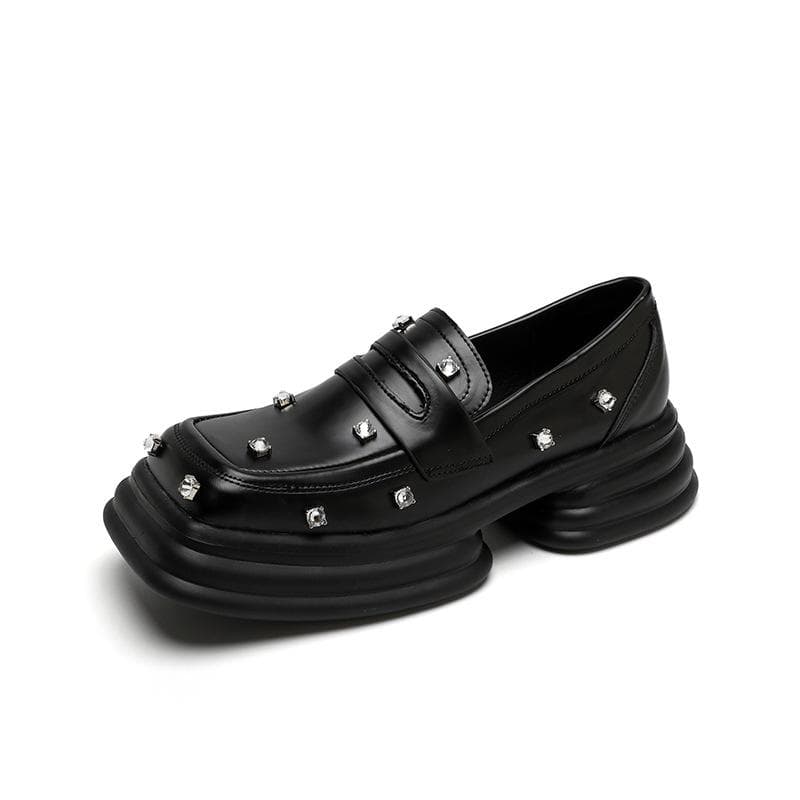 Spring New Diamond-encrusted Square Toe Fashion Small Leather Shoes Women's British Retro Thick-soled Heightened Single Shoes Loafers 40