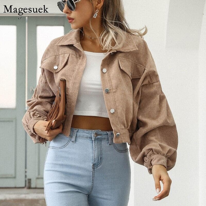 Cropped Corduroy Jackets Women Single Breasted Overcoat Coat Fashion Lantern Sleeve Vintage Autumn Winter Women Jacket 18047 M khaki