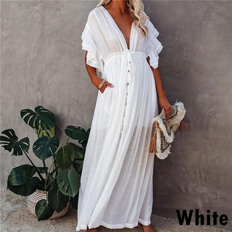 Woman Bohemian Boho Fashion Elegant Sexy V Neck Bikini Cover-ups Long White Tunic Casual Summer Beach Dress Elegant One Size white