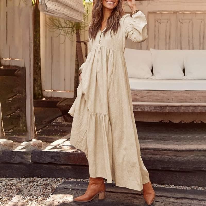 Women's Cotton and Linen Retro Casual Long Sleeved Dress S apricot