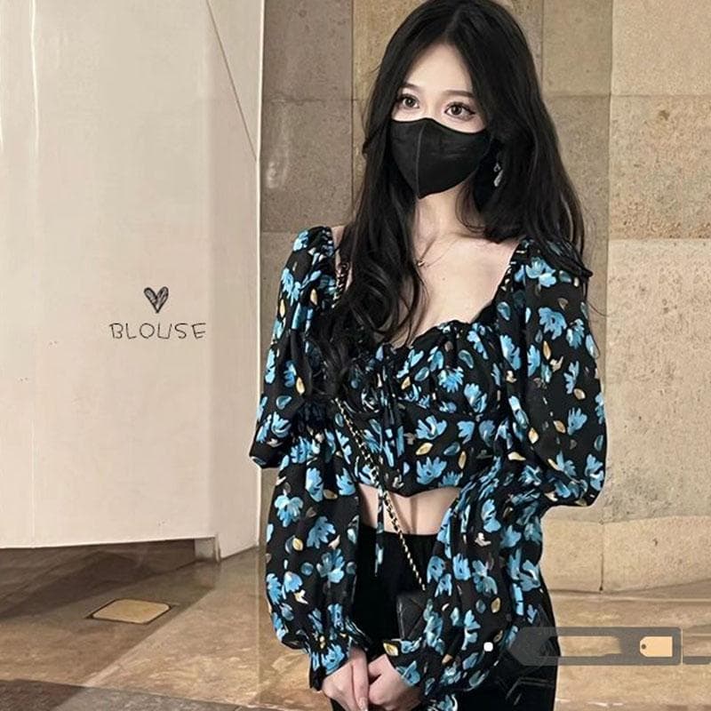 Black Broken Flower Women Blouse Puff Sleeve Square Neck Long Sleeve Cropped Top Strap Pleated Design Hotsweet Fairy Summer L black