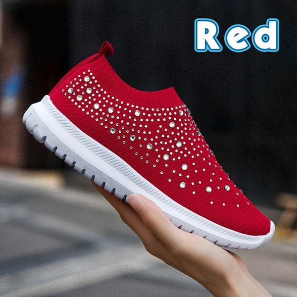 Fashionable Women's Lightweight Breathable Mesh Elastic Casual Shoes Striped Rainbow Rhinestone Shoes 38 red