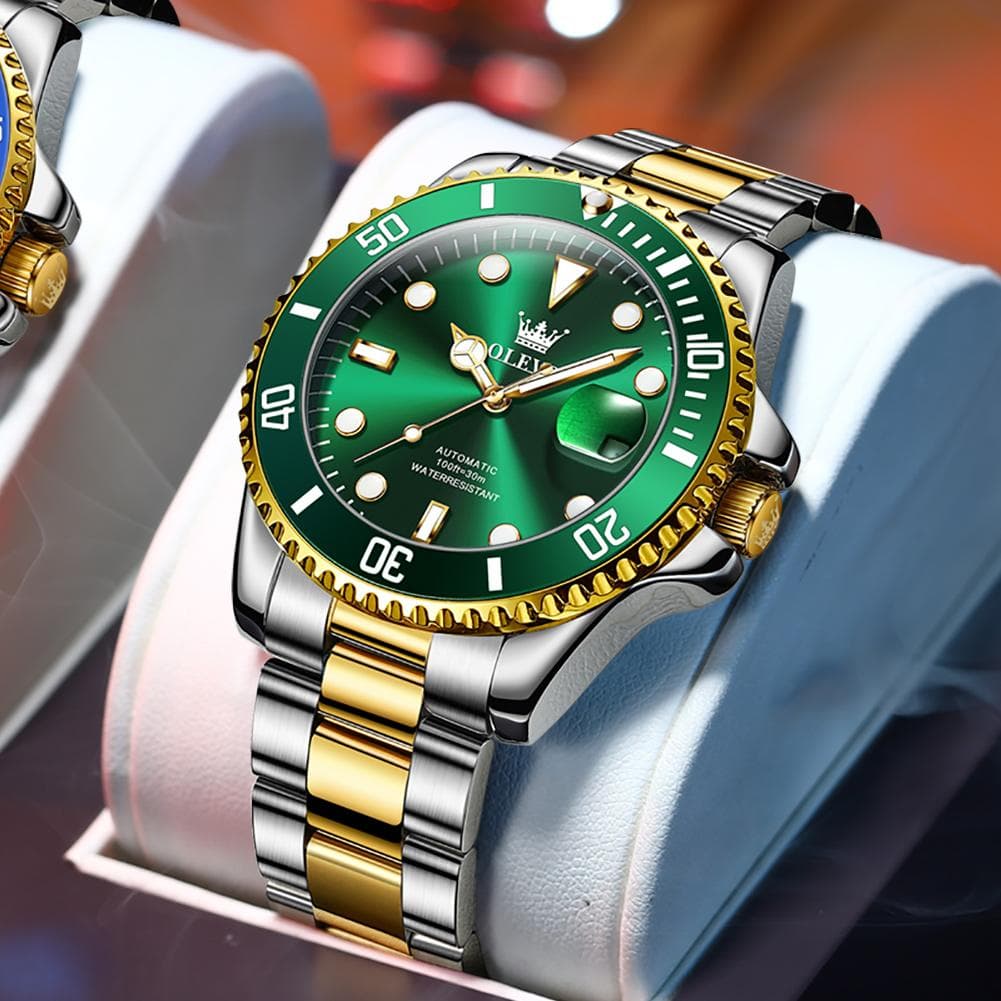 Men's Watches Classic Fashion Automatic Mechanical Wristwatch Waterproof Luminous Date Trend Diving Type green/gold