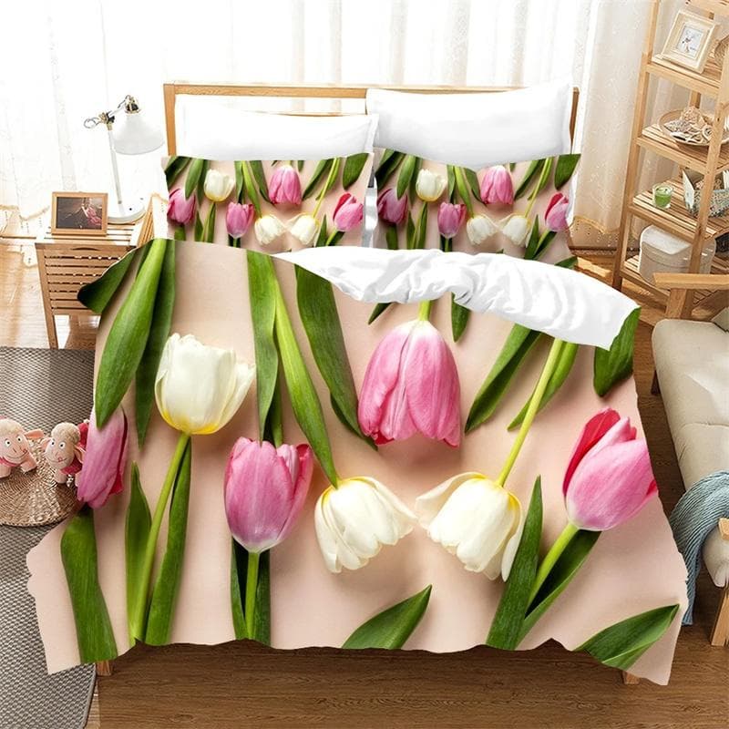 Flower Tulip Elegant Floral 3d Duvet Cover for Women Gifts Luxury Mother's Day Warm Gifts for Bedroom Decoration Queen King Size 140x210cm 2pcs