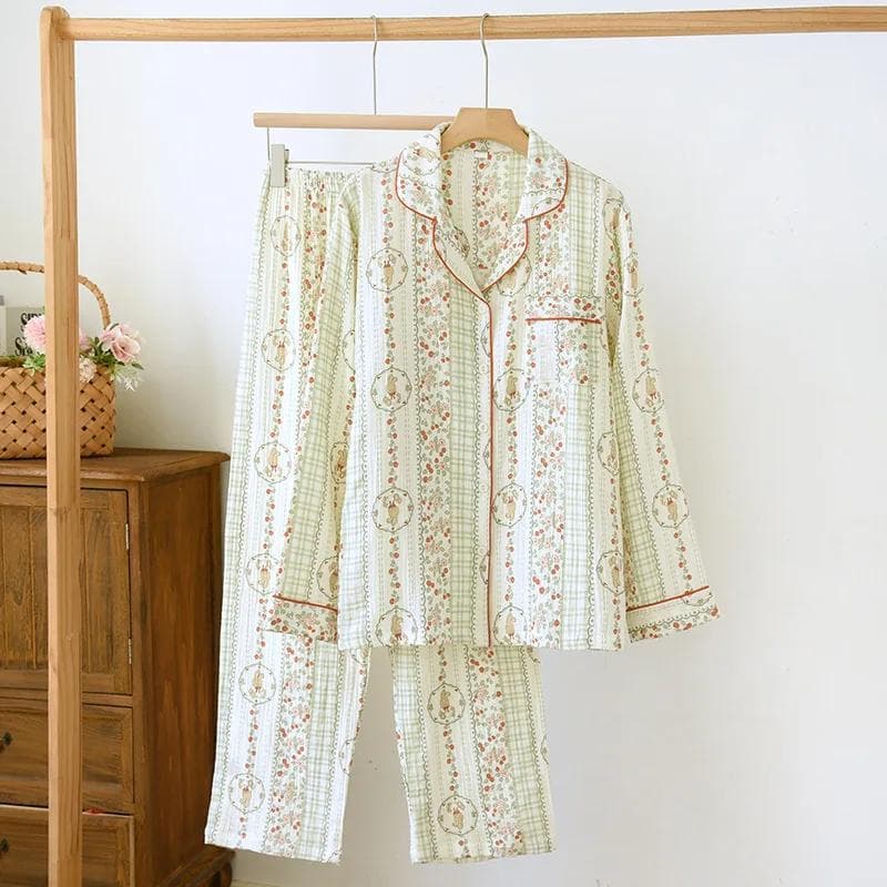 New Spring and Autumn Women's Sleepwear Long Sleeve Long Pants Two Piece Set 100% Cotton Cardigan Sweet Home Clothing Set 2XL green