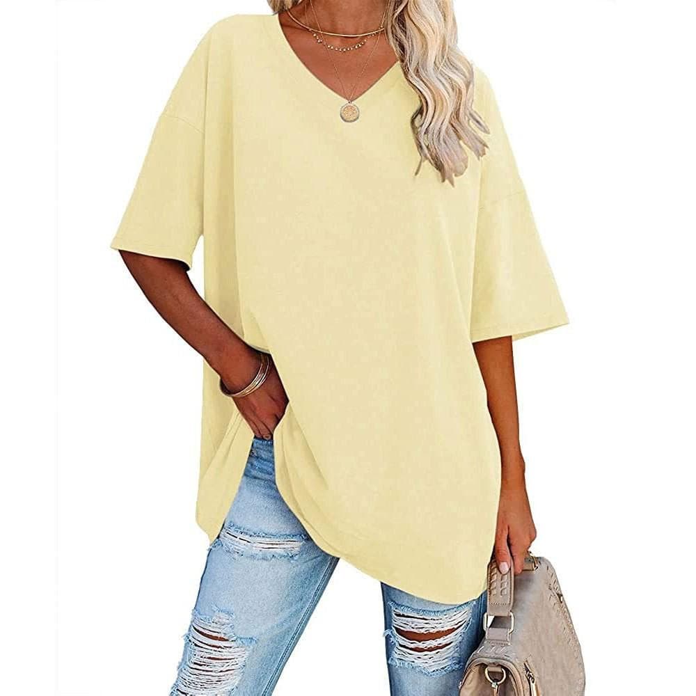 Summer Women's T-shirt Casual Solid Color V-Neck Large Size Loose Short Sleeve Top L light yellow