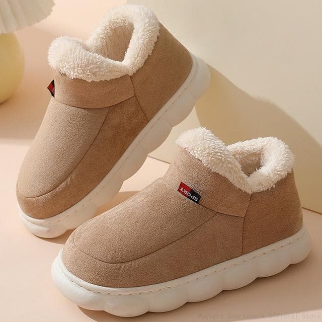Women Winter Boots Slippers Thickening Plush Warm Snow Boot Couple Thick Heels Cotton Shoes Plus Size Platform Slides Botas 35-36 khaki